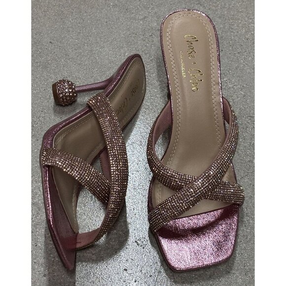 CHASE+CHLOE / Olla-1 / Pink / Rhinestone Embellished Cross-Strap / Heeled Sandal - Picture 6 of 9